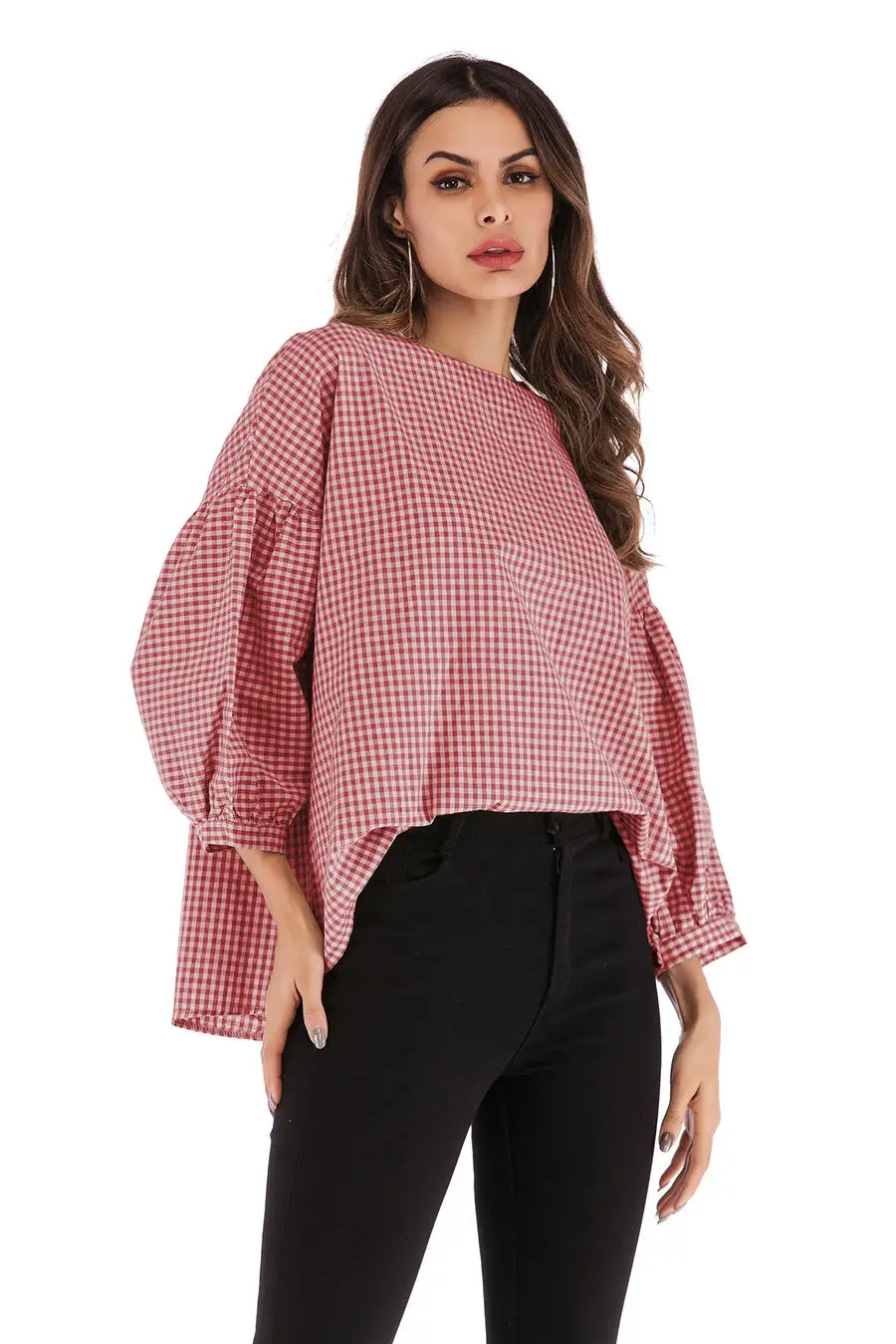 Gladiolus New 2019 Spring Plaid Shirt Women Puff Sleeve O Neck Button Loose Blouse Women Shirts Summer Casual Ladies Shirt Tops (13)