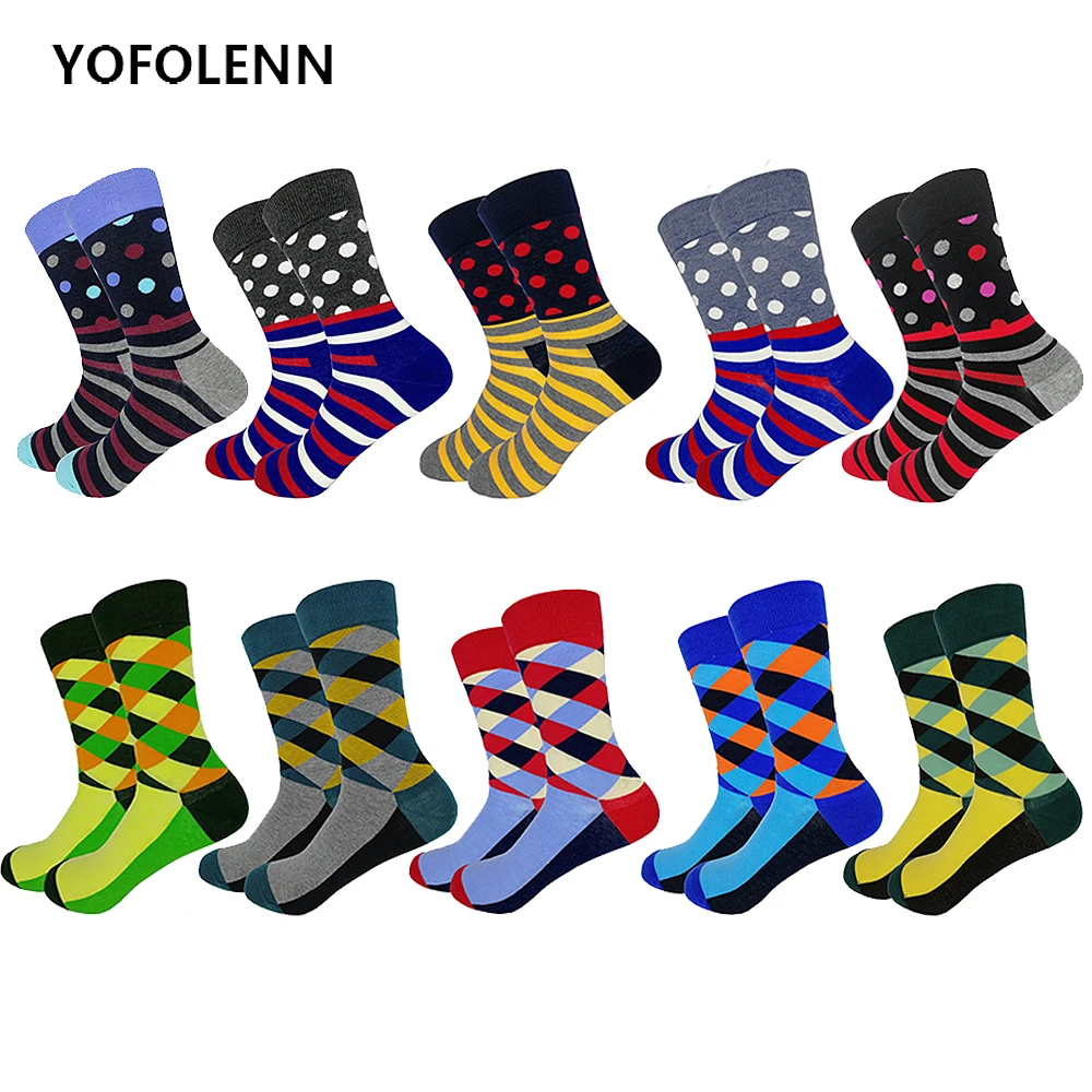 

10 Pairs/lot Men's Happy Funny Socks High Quality Combed Cotton Dot Stripe Diamond Patterns Long Wedding Gift Socks for Men
