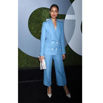 

New light sky blue womens business suits double breasted ladies elegant pant suits slim fit female office uniform womens tuxedo
