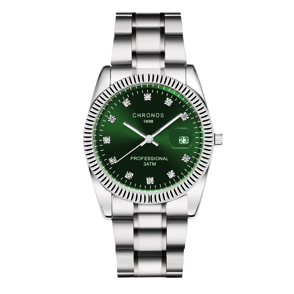 CHRONOS мужские водонепроницаемые кварцевые часы с датой аналоговые деловые часы мужские стразы из нержавеющей стали часы с зеленым синим циферблатом - Цвет: CH 2501