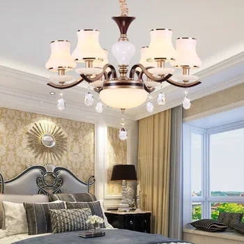 

TUDA LED Chandelier European Wrought Iron Chandelier Living Room Bedroom Frosted Glass Jade Crystal Chandelier E14 110V 220V