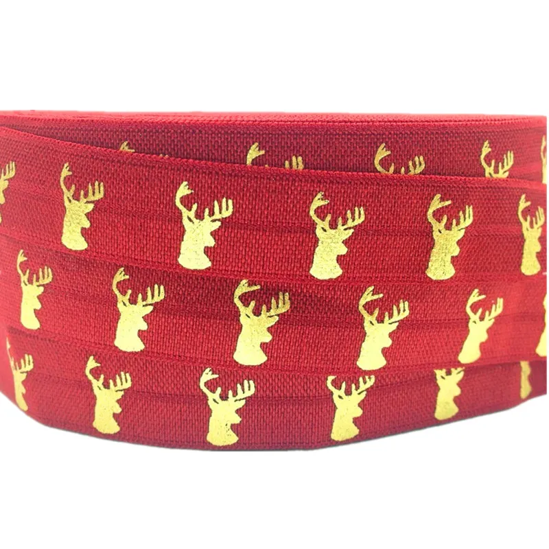 

Hot Sale Gold Foil Deer Elk Print Fold Over Elastic 5/8" Antlers FOE Elastic Ribbon for Hair Tie DIY Head wear Hair Accessory10y