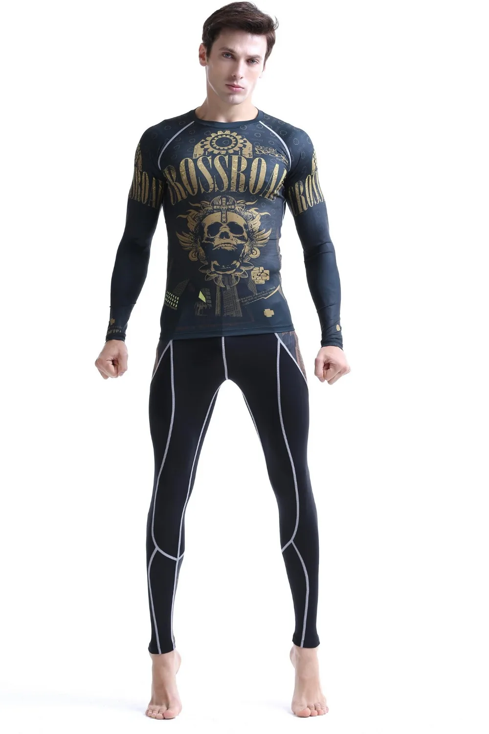 

fitness wear for men cycling base layer sets suits allover gold skulls printed t shirt+ pants men sport size s-4xl