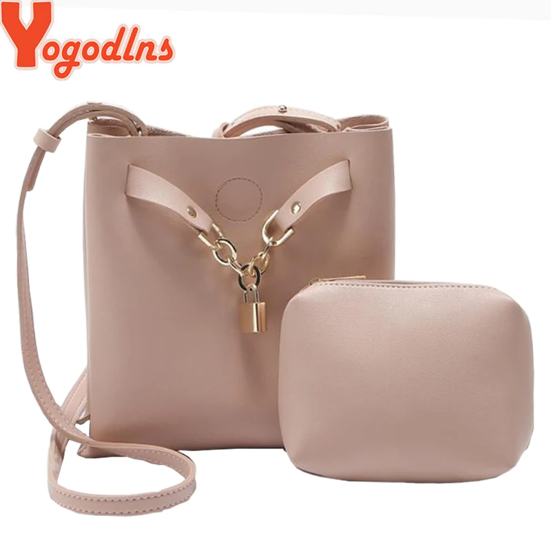

Yogodlns 2 PCS/Set Women Ladies Solid Color Shoulder Bag with Handbag Tote Bucket Bag With Lock Messenger Satchel Crossbody Bag