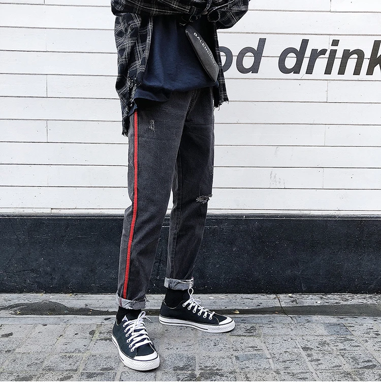 Осень 2018 Г. И Новинка зимы узор ткань принести человек отверстия черные джинсы для мужчин хип хоп повседневное хлопок высокое качество