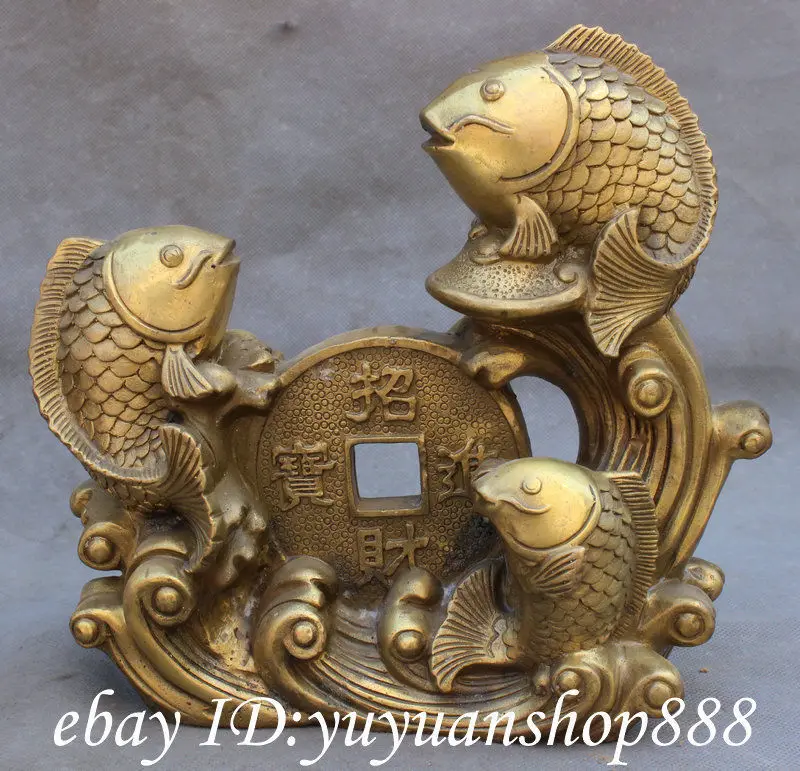 

9" Exquisite Chinese Handmade Brass Wealth Coin 3 Jump Fish Home Art Statue Garden Decoration Brass Bronze