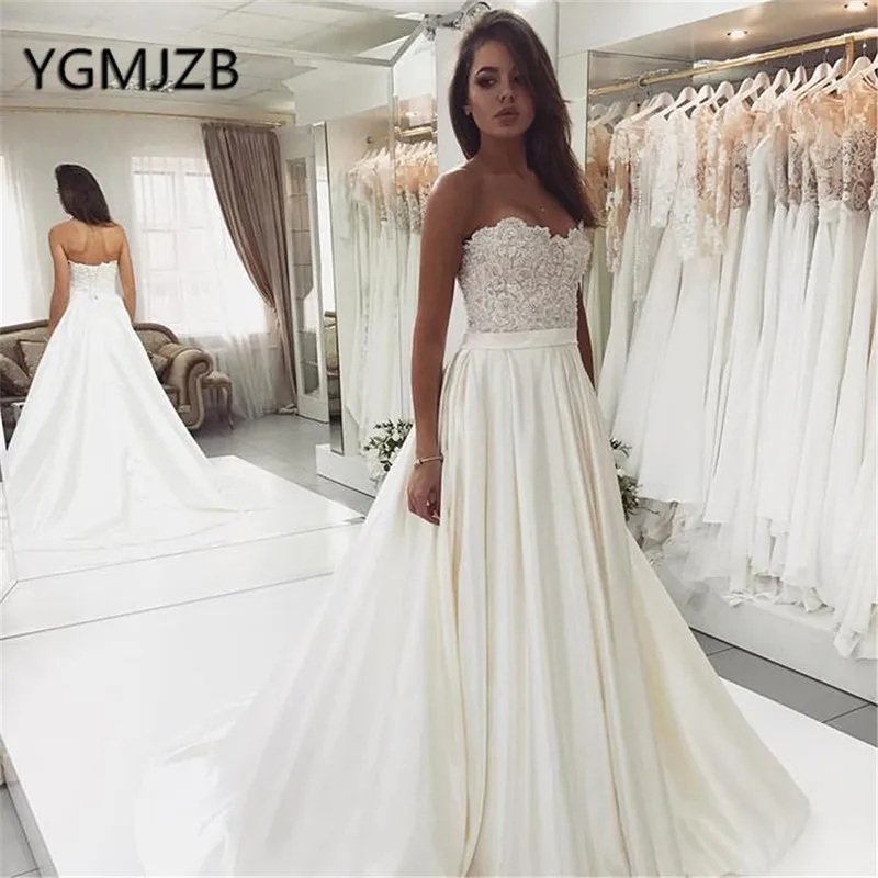 

Elegant Long Wedding Dresses 2019 A-Line Sweetheart Appliques Lace Satin Bride Dress Wedding Gown Bridal Gown Robe De Mariee