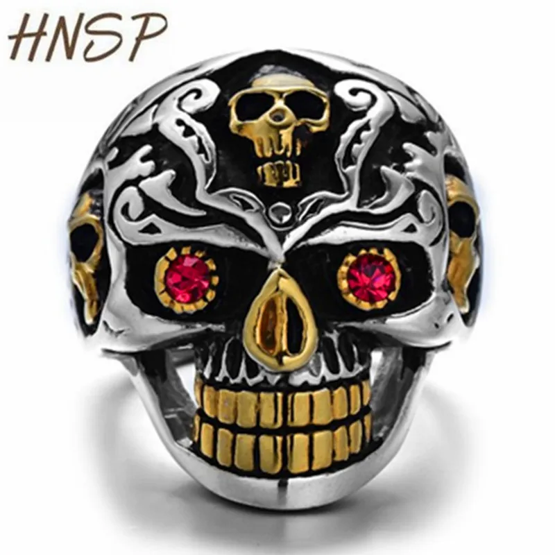 

HNSP Punk Red Eye Skull Ring For Men Stainless Steel Jewelry Male Biker Rings Anel Big Size