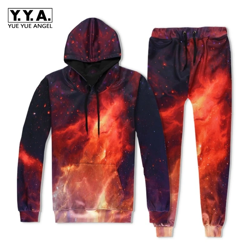 Hip Hop Winter Mens Suits Male Casual Sets Flame Hooded Sweatshirts