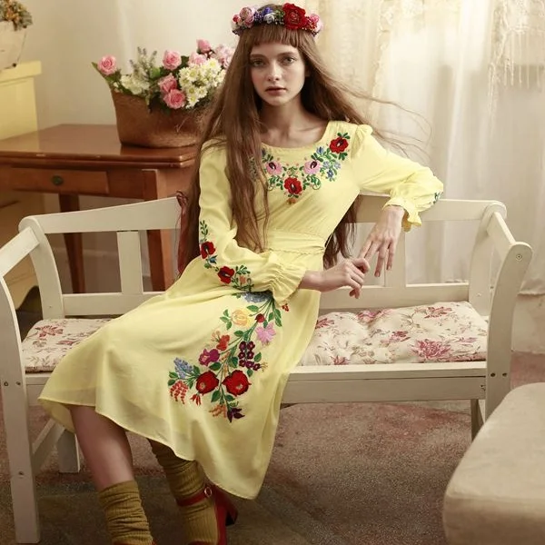 

LYNETTE'S CHINOISERIE Autumn Spring Original Design Women Hungary Princess Mori Grils Yellow Embroidered Dress