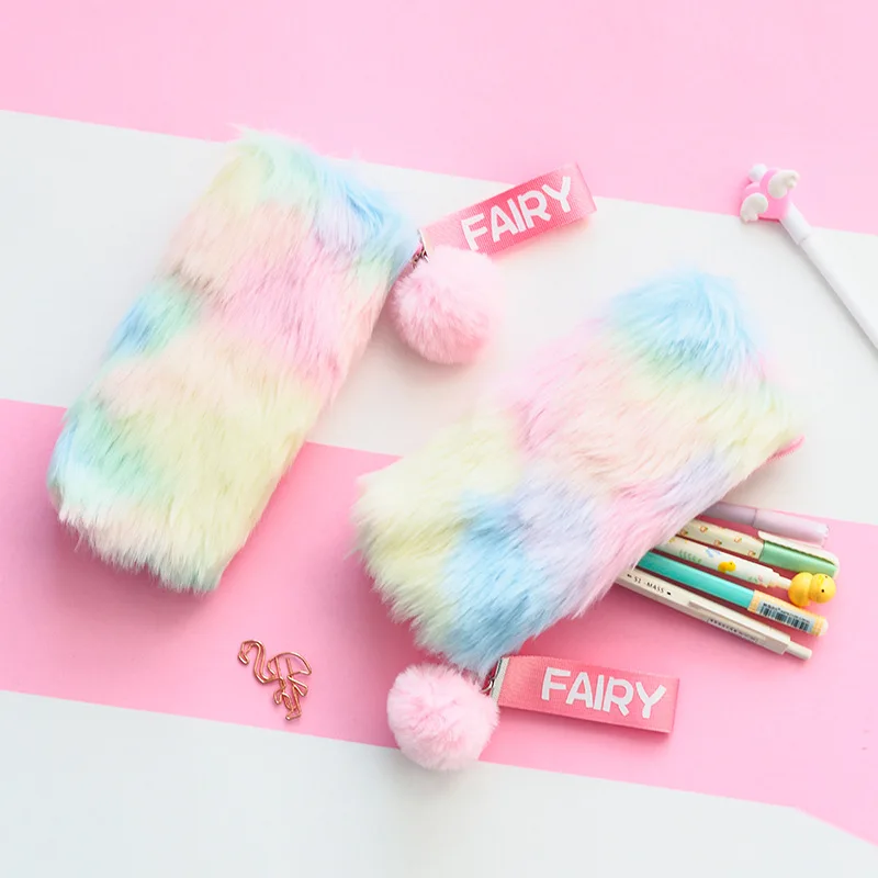 

Pencil Case Kawaii Pen Bag School Supplies PU Plush Rainbow Colorful Fur Ball Storage Stationery Box Girl Cosmetic Holder Gift