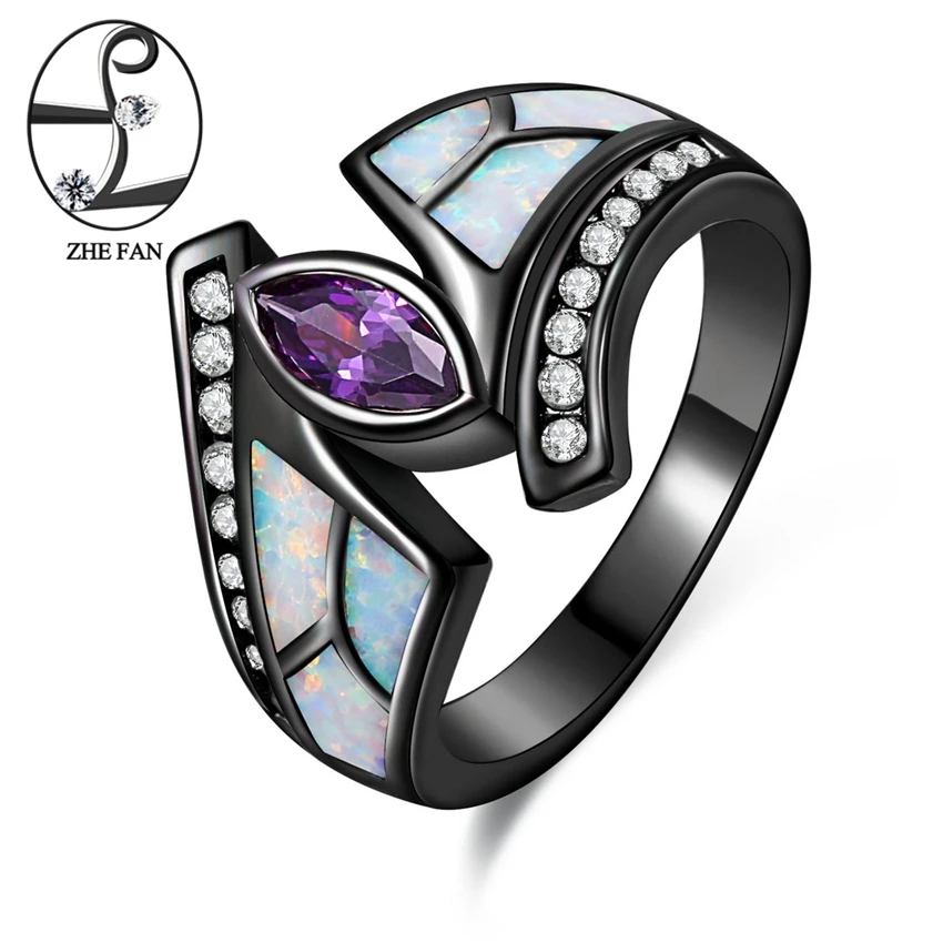 

ZHE FAN White Fire Opal Marquise Purple CZ Rings Black Plating Couple Rings For Women and Men Party Gift Size 5-10 Wholesale