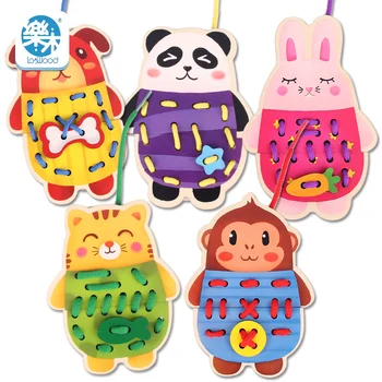 

5PCS Children Wooden Classic toy Animal rope game/ Animals Lacing Cards Rope ToysThreading String jigsaw Puzzle Shoelaces Toys