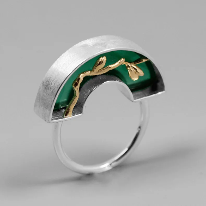 

INATURE Hot Unique Ring 925 Sterling Silver Green Agate Magnolia Flower Finger Rings for Women