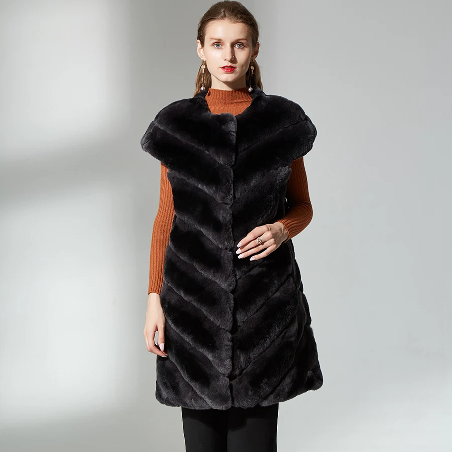 

2018NEW Real fur vest medium long rex rabbit fur coat women round collar soft warm winter high-quality real fur waistcoat