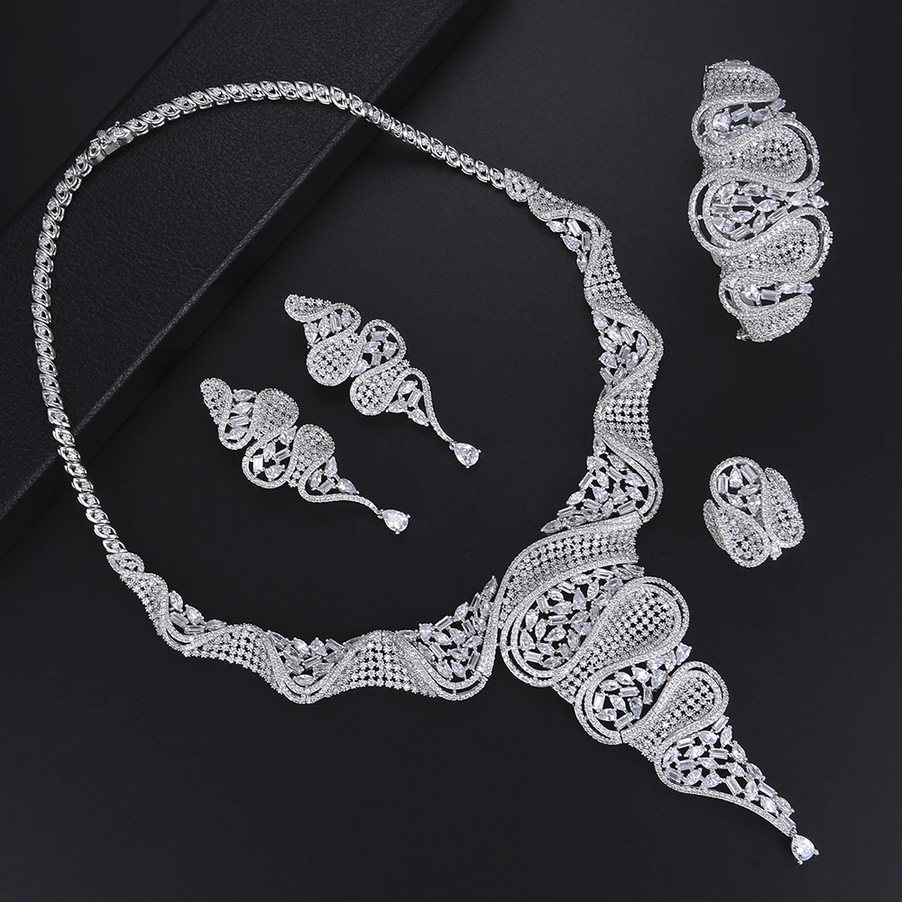 

missvikki Sterling Silver Full CZ Crystal 4 PCS Big Pendant Luxury Bridal Wedding Bangle+Earrings +Necklace+Ring Jewelry Set