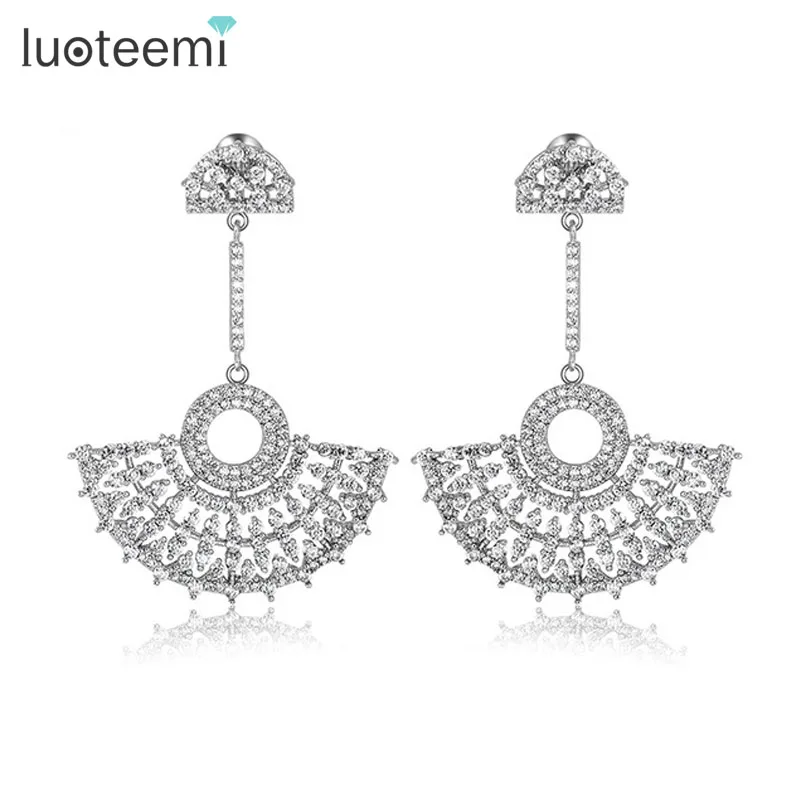 

LUOTEEMI Newest Elegant Luxurious Big Dangle Micro Paved CZ Crystal Fan Shape Drop Earrings for Women Bridal Wedding Brincos