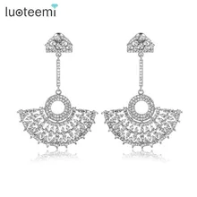 LUOTEEMI Más Nuevos de Lujo Elegante Grande Cuelgan Micro Pavimentada Cristal de la CZ Forma de Abanico Brincos Pendientes de Gota para Las Mujeres Novia de La Boda