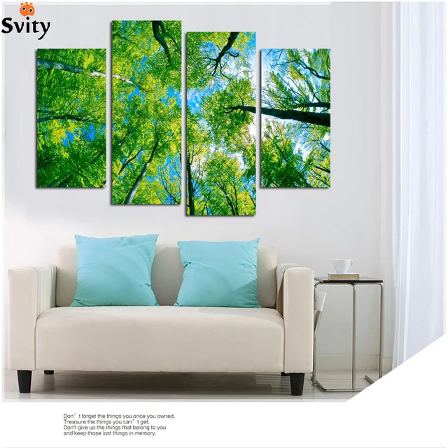 Free shipping 4 Panels Green Tree Painting Canvas Wall Art Picture Home