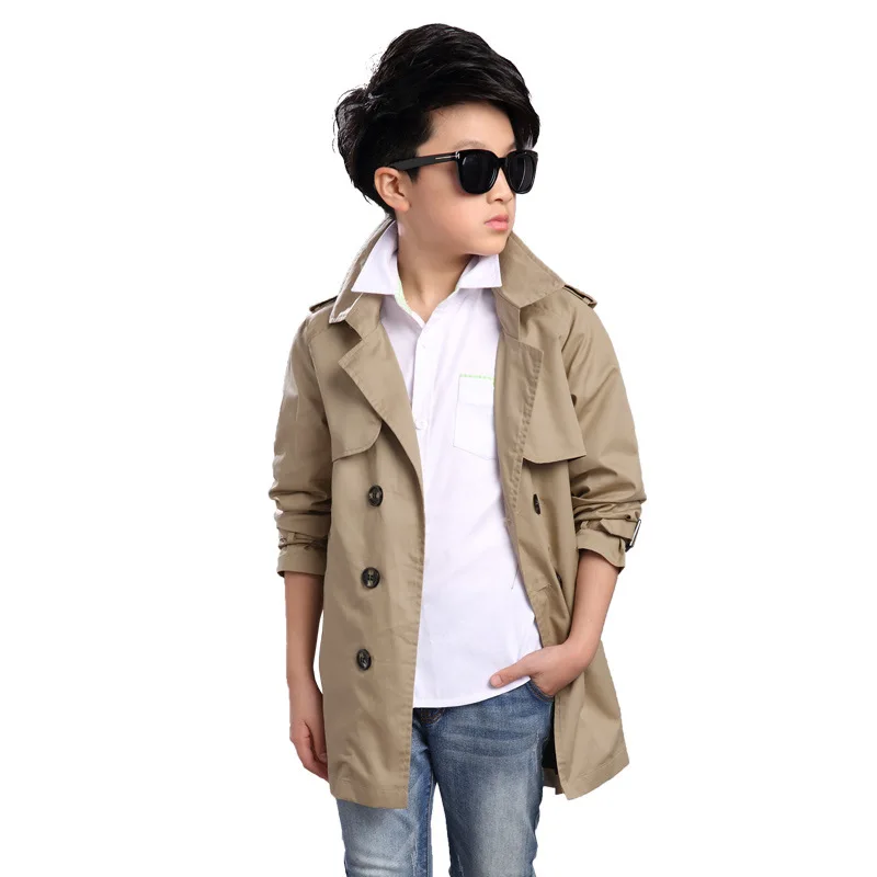 

Spring Long Boy Trench Coat 2018 Teenager Boy Outerwear Double-breasted Kids Windbreaker Solid Boys Children Trench Coat 4-16Y
