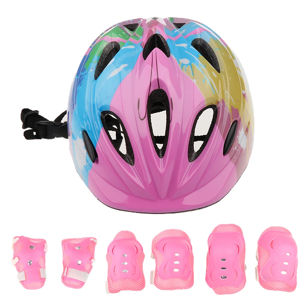 Perfeclan 7 Pieces Kid Child Roller Skating Bike Helmet Knee Wrist Guard Elbow Pad Set Roller Skate Helmet Protective Set