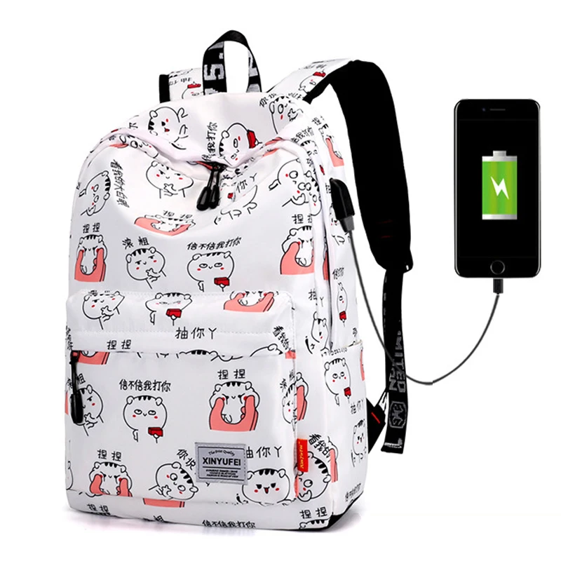 2018 جديد لطيف التعبير النساء USB مكافحة سرقة مدرسة حقيبة الظهر المراهقات الأبيض قماش Bagpack السفر Kawaii mochila 2018 جديد لطيف التعبير النساء USB مكافحة سرقة مدرسة حقيبة الظهر المراهقات الأبيض قماش Bagpack السفر Kawaii mochila