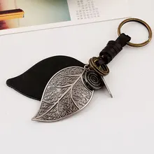 Чистая Ручное Ткачество Ретро Панк Большие Листья Key Chain Ring Держатель Натуральная Кожа Металл Брелок KQS