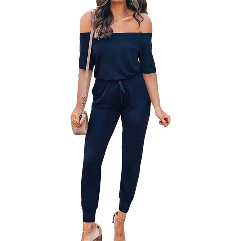 

yashangyi Sexy Slash Neck Jumpsuits For Women 2019 Summer Short Sleeve Bandage Rompers Off Shoulder Full Length Overalls Body