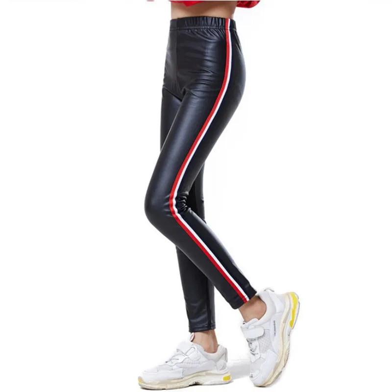 

Autumn Winter Kids Girls Leggings Side Striped Elasticity Children Pants Imitation Leather Plus Velvet Skinny Trousers for Girls