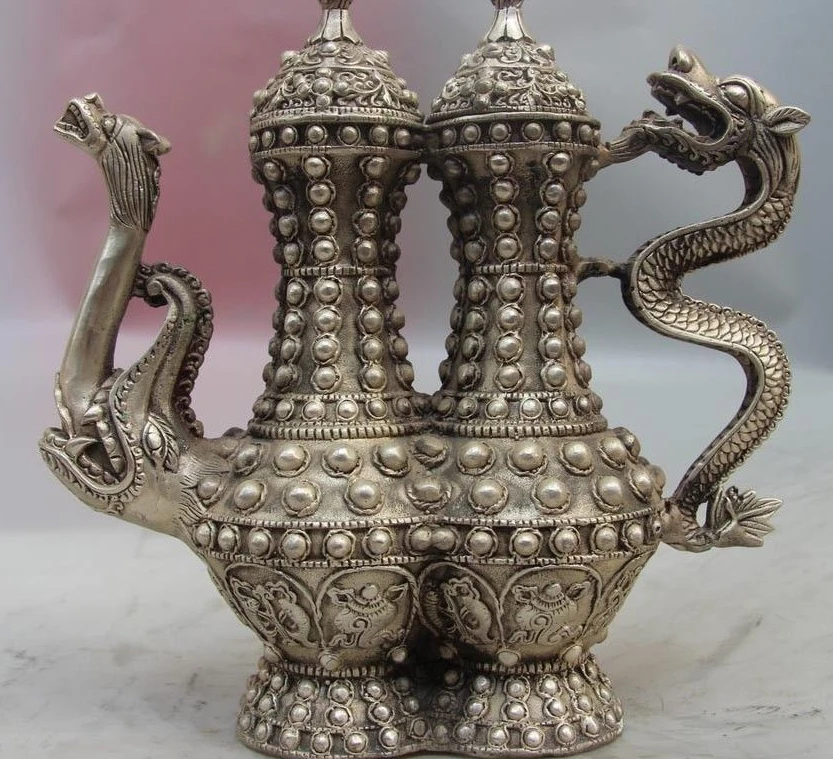 

China White Copper Silver Dragon Eight treasures Bottle Flagon Wine Pot Teapot
