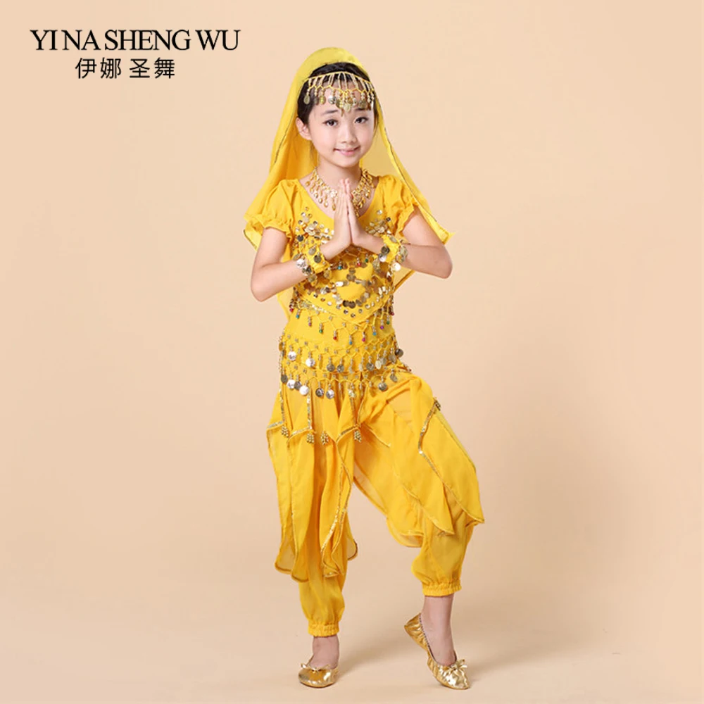 

Children Indian Belly Dance Costumes 5pcs Set (Top+Pant+Waist chain+Bracelet+Headdress) Kids Belly Dance Bollywood Clothing H011