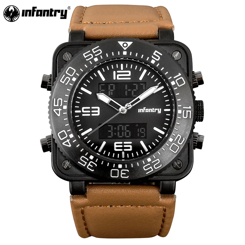 

INFANTRY Military Watch Men LED Digital Quartz Mens Watches Top Brand Luxury Square Dual Time Army Big Leather Relogio Masculino