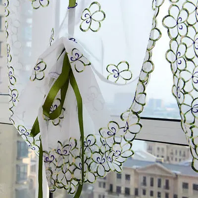 

New Rural Fresh Hand Embroidered Floral Shade Sheer Tulle Voile Door Cafe Kitchen Curtain Drape Panel Sheer Scarf Valances
