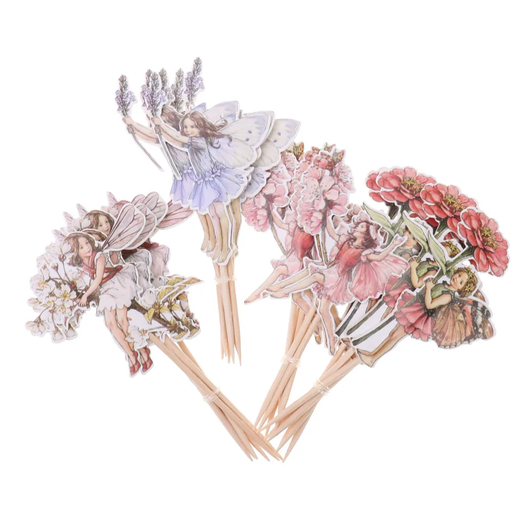 48pcs Flower Fairy Cupcake Toppers Picks For Birthday Decoration Party Cake