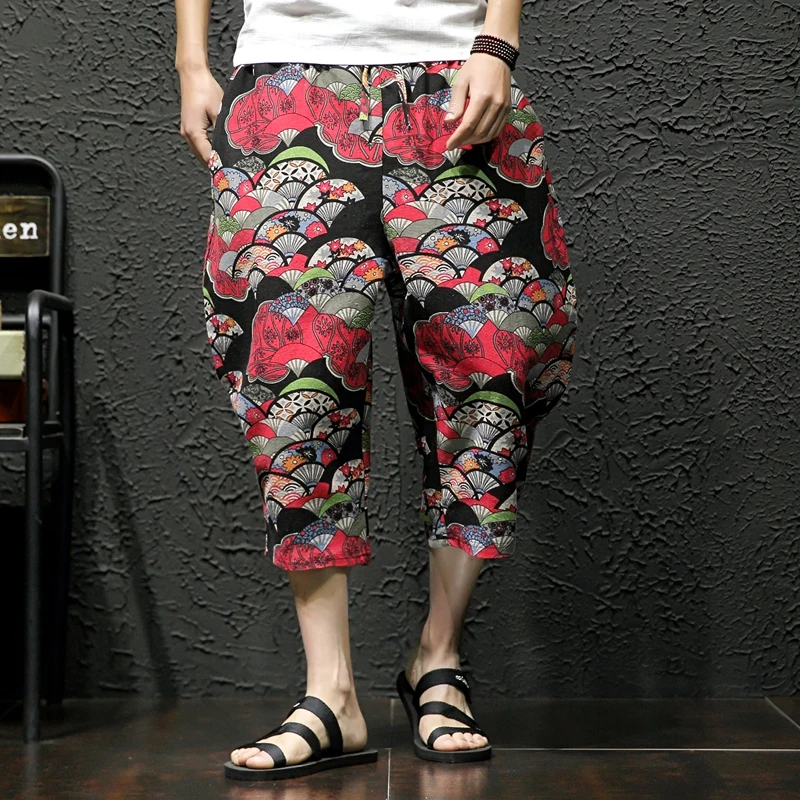 MRDONOO японский стиль до колена хлопок белье шорты размера плюс шаровары широкие брюки Boho повседневные мужские шорты A019