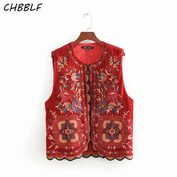 

CHBBLF women floral embroidery velvet vest sleeveless waistcoat vintage female casual outerwear chic tops CDC8901