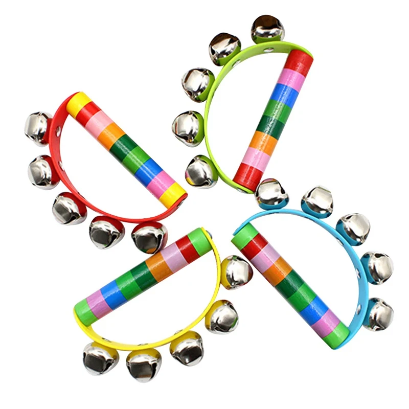 1Pcs Color Random Baby Colorful Toy Wooden Musical Bell Handbell Rattle