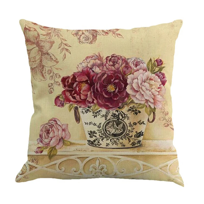 Fashion Retro Style Flower Vase Printed Pillow Cover Living Room