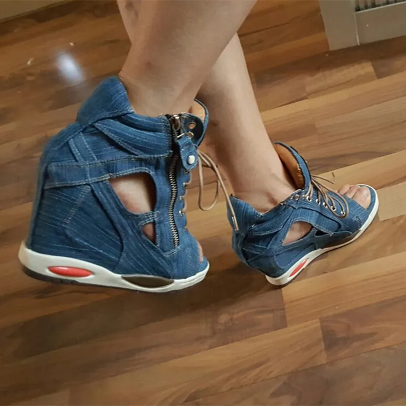 

New 2018 Denim Open Toe Flatform Wedges Women Sneakers Cutout Denim Summer Shoes Woman High Heel Platform Sneakers Sandals Mujer