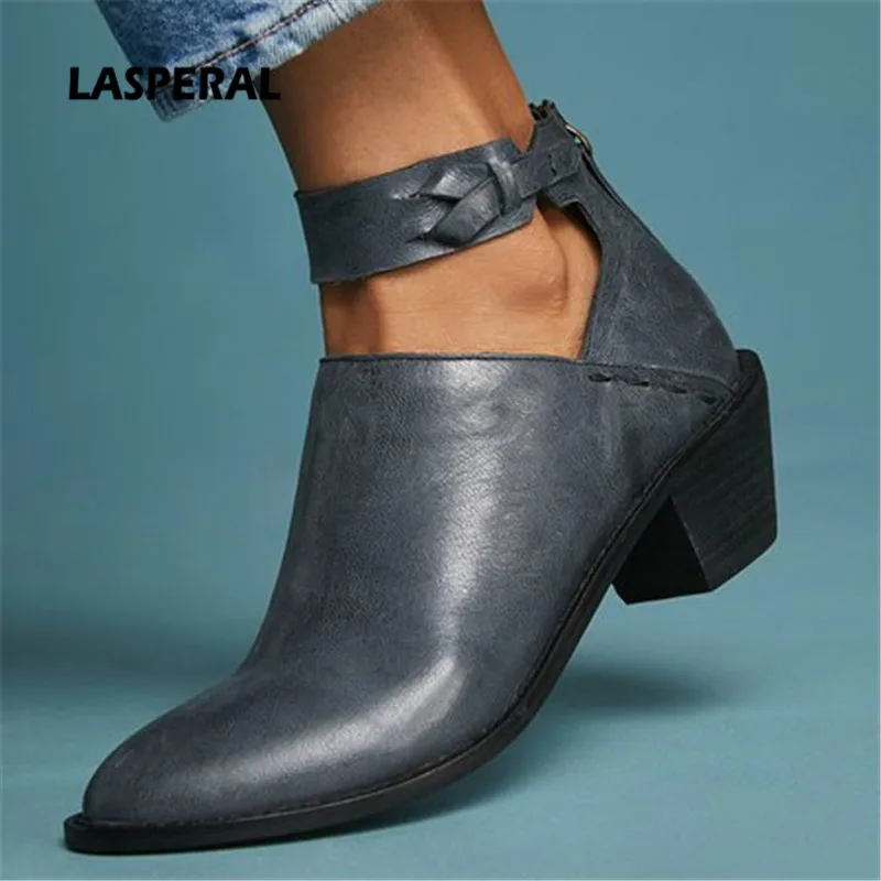 

LASPERAL Faux Suede Boots Women Fashion Daily Chunky Heel Zip Shoes Breathable Female Comfortable Shoes Retro Spring PU Leather