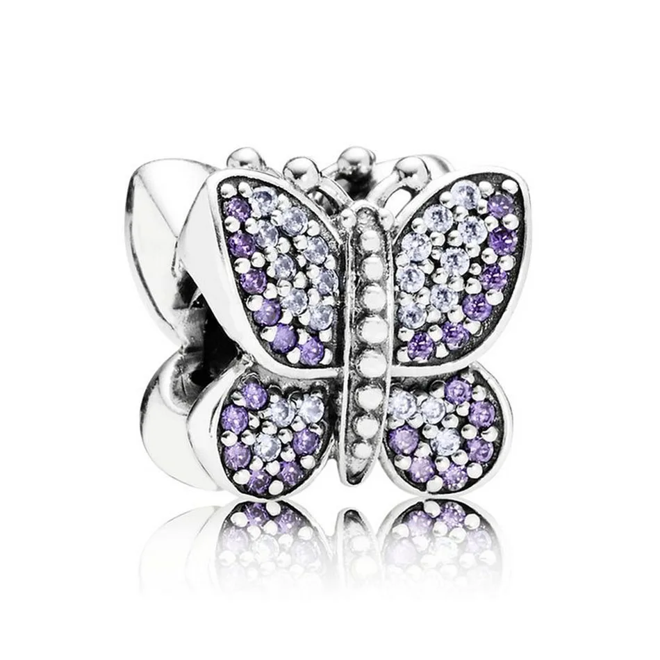 

Authentic S925 Sterling Silver DIY Jewelry Sparkling Butterfly Charms fit Pandora Bracelet Bangle Girl Gift Purple CZ