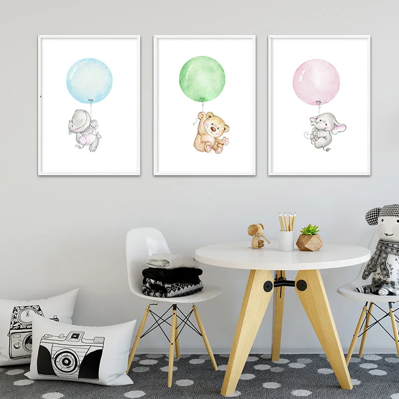 Животные медведь слон воздушный шар детский плакат Детский настенный художественный холст печать живопись Скандинавская детская комната украшение Настенная картина