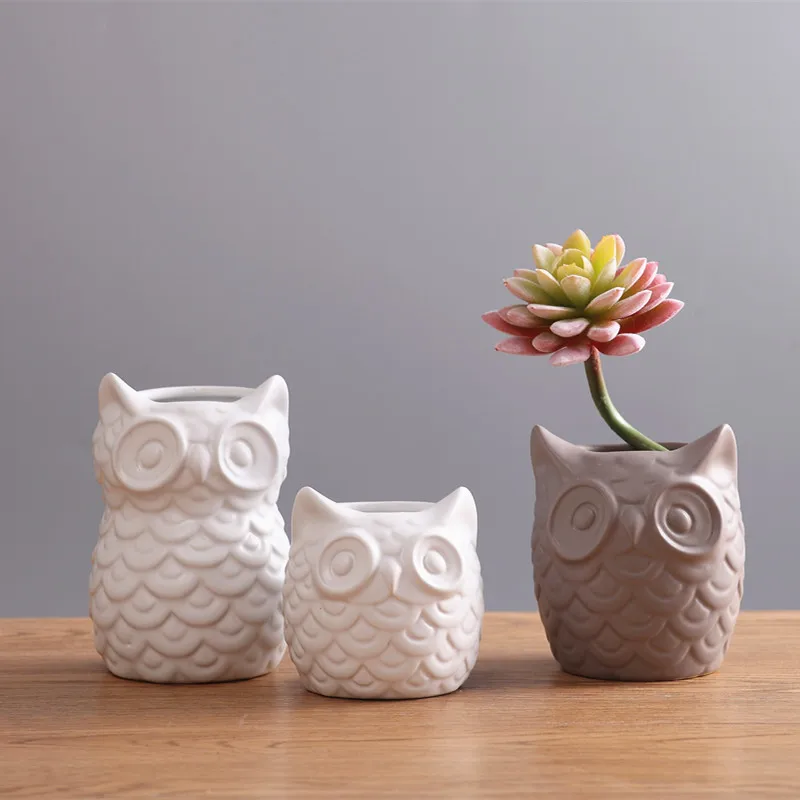 

Set of 3 Creative Ceramic Owl Shape Flowerpots Animal Style Planter Desktop Decorative Flower Pot Home Garden Office Decoration