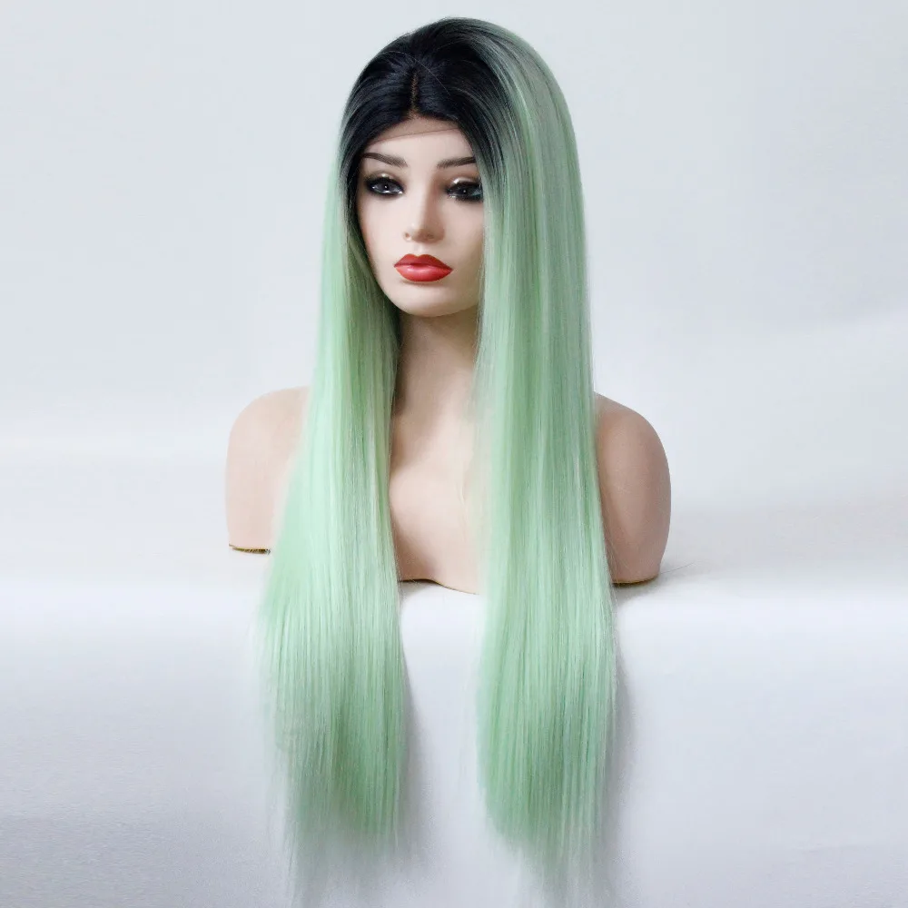 V'NICE Black Roots Ombre Mint Green Synthetic Lace Front Wigs Long