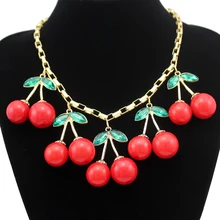 Statement 10 Big Red Cherry Pendant Gold Box Chain Crystal Choker Sweet Collar Bib Necklace Rockabilly Jewelry