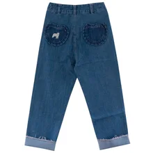 Новые весенние Для женщин джинсы полной длины оборками карманы милый медведь вышивка рваные женские джинсовые повседневные штаны, брюки