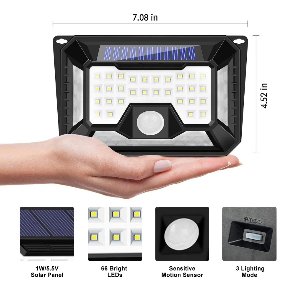 

66LED Solar Powered 4Side Wall Lamp PIR Motion Sensor Waterproof Light Garden