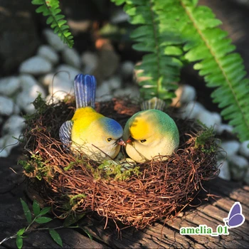

New Creative birds home decor crafts Courtship props country rattan nest mini bird Figurines Wedding gift garden decor