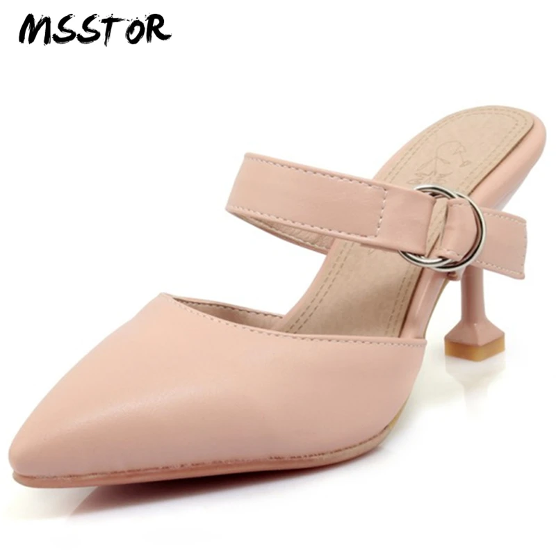 

MSSTOR Buckle Strap Women Summer Slippers Plus Size White Thin Heels Fashion Sweet Fashion High Heels Pointed Toe Women Shoe
