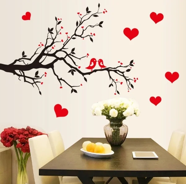 black red love hearts birds tree branch wall stickers women bedroom